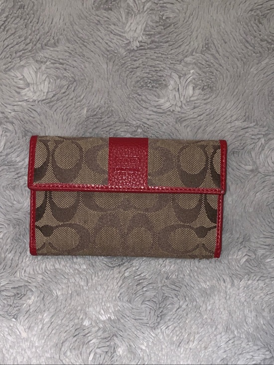 Coach Accessories - Coach Brown Signature Canvas Card Holder with Red Trim